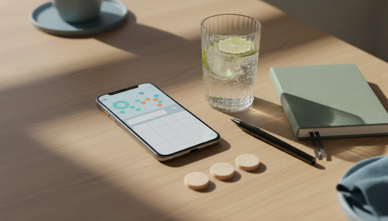 A phone, water glass, notebook, and blank tokens arranged as a private drinking reduction plan.