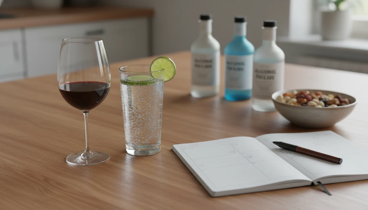 A small glass of wine sits beside sparkling water and a blank planner for mindful drinking.