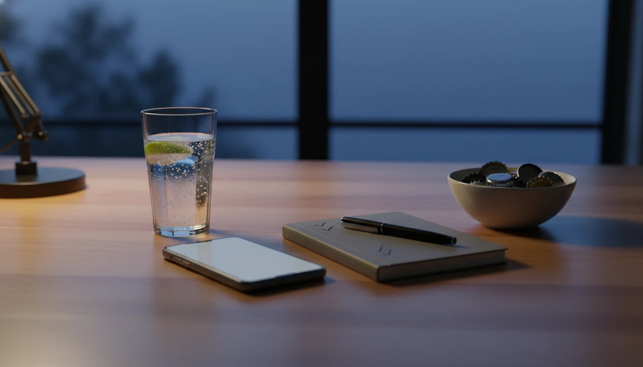 A smartphone, notebook, and sparkling water sit on a kitchen table as a private quit drinking plan.