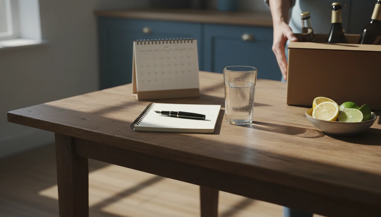 A calm kitchen table shows a blank quit plan notebook, water, and alcohol bottles boxed for removal.