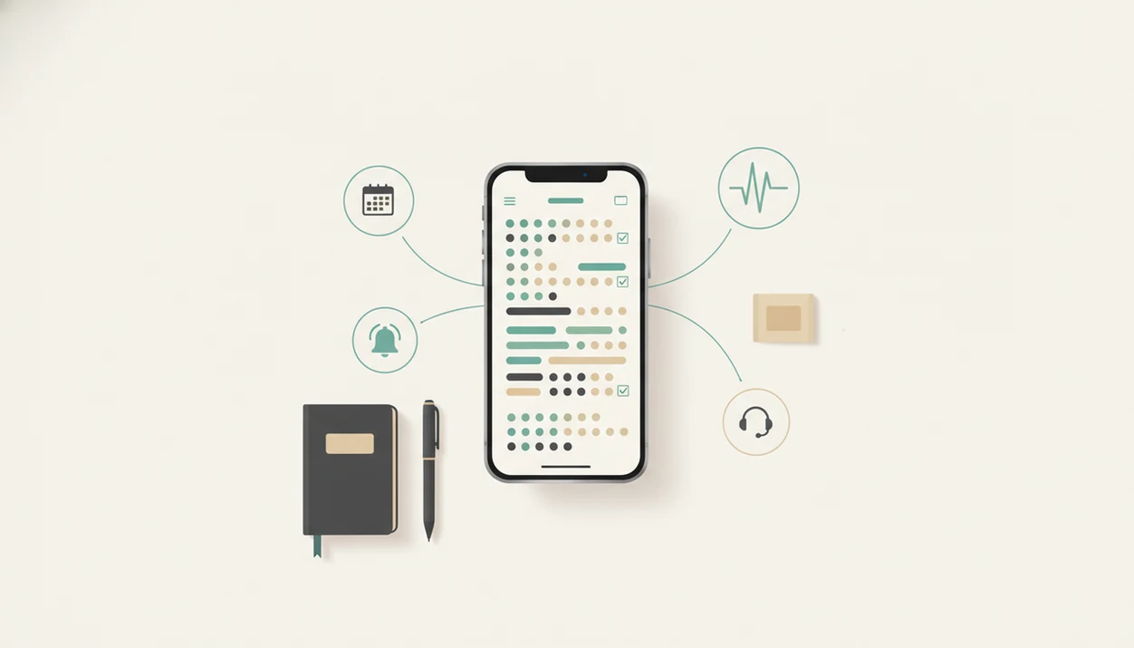 Illustration of a phone quit-smoking system with reminders, tracking, support, and planning tools.