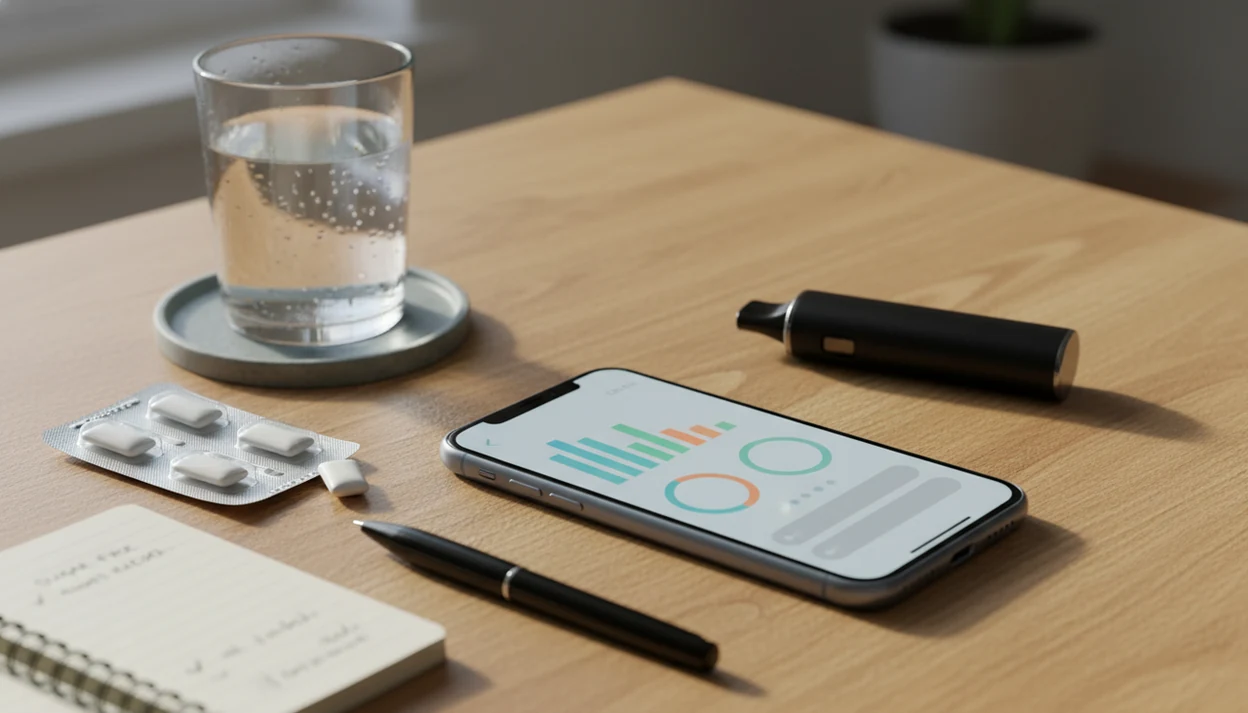 A phone-based quit vaping setup with a vape pen set aside, water, gum, and a simple tracking notebook.