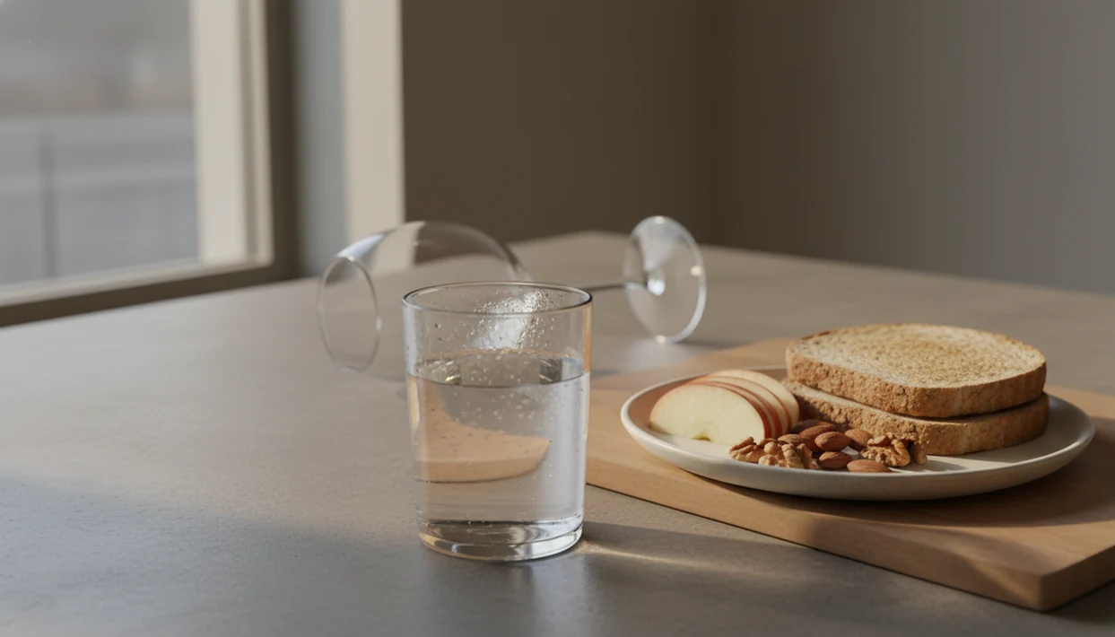 A glass of water and snack sit in front of a blurred empty wine glass on a kitchen counter.