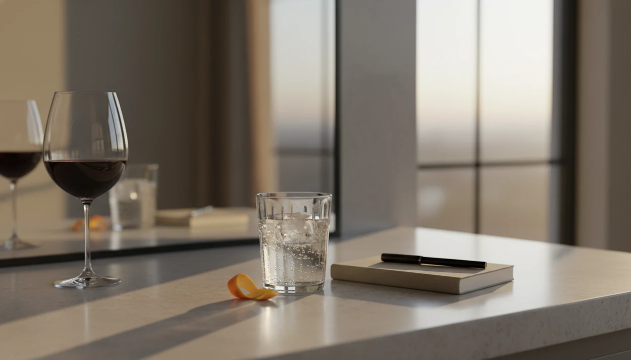 A wine glass set aside while sparkling water and a notebook sit in calm kitchen light.