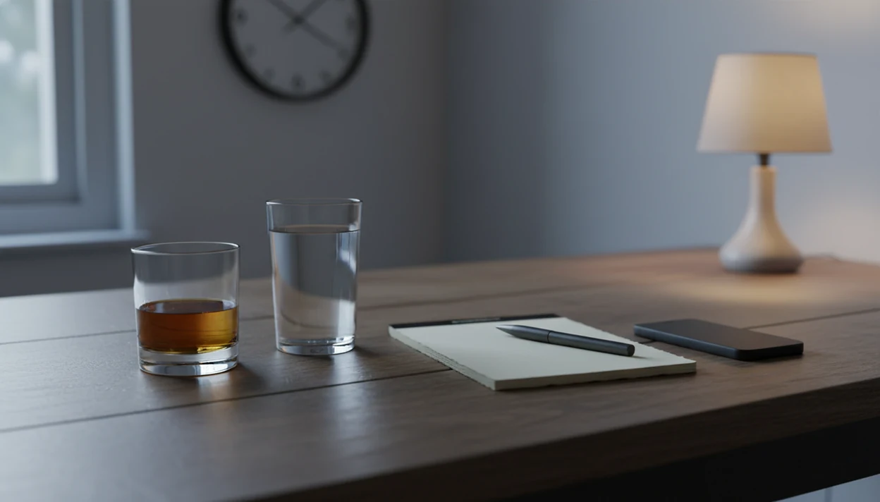A drink sits pushed away beside water, a phone, and a blank notepad on a quiet kitchen table.