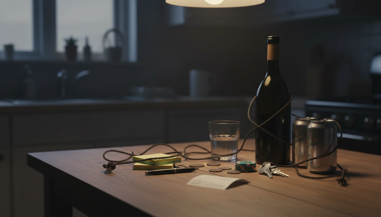 A dim kitchen table shows alcohol, blank notes, tokens, keys, and tangled thread suggesting mental overload.