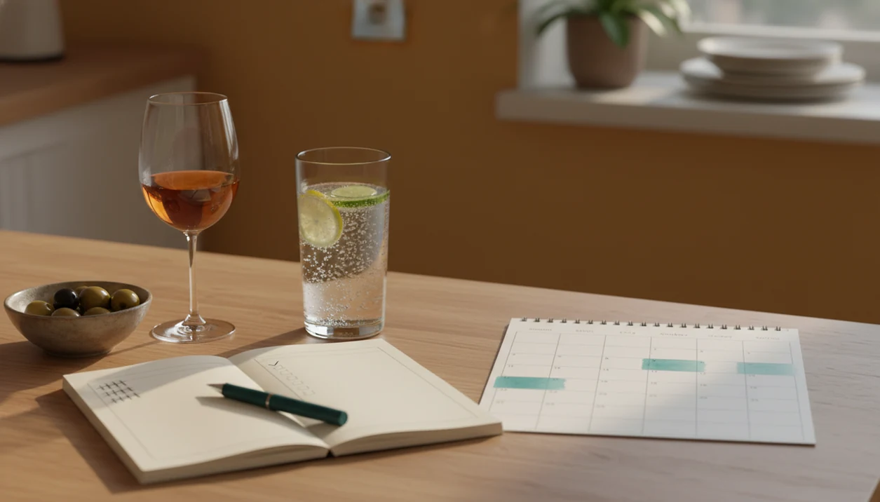 A table with a modest wine pour, sparkling water, and simple tracking pages for mindful drinking.