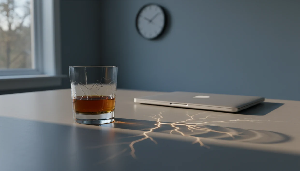 A dusk kitchen still life shows a drink casting a neural-like shadow near a laptop and clock.