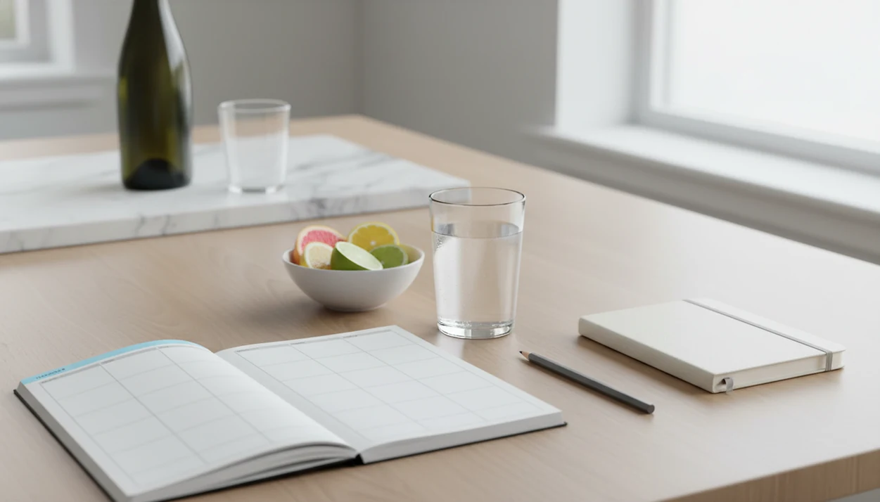 A blank weekly planner, water, and notebook sit in morning light with alcohol blurred in the background.