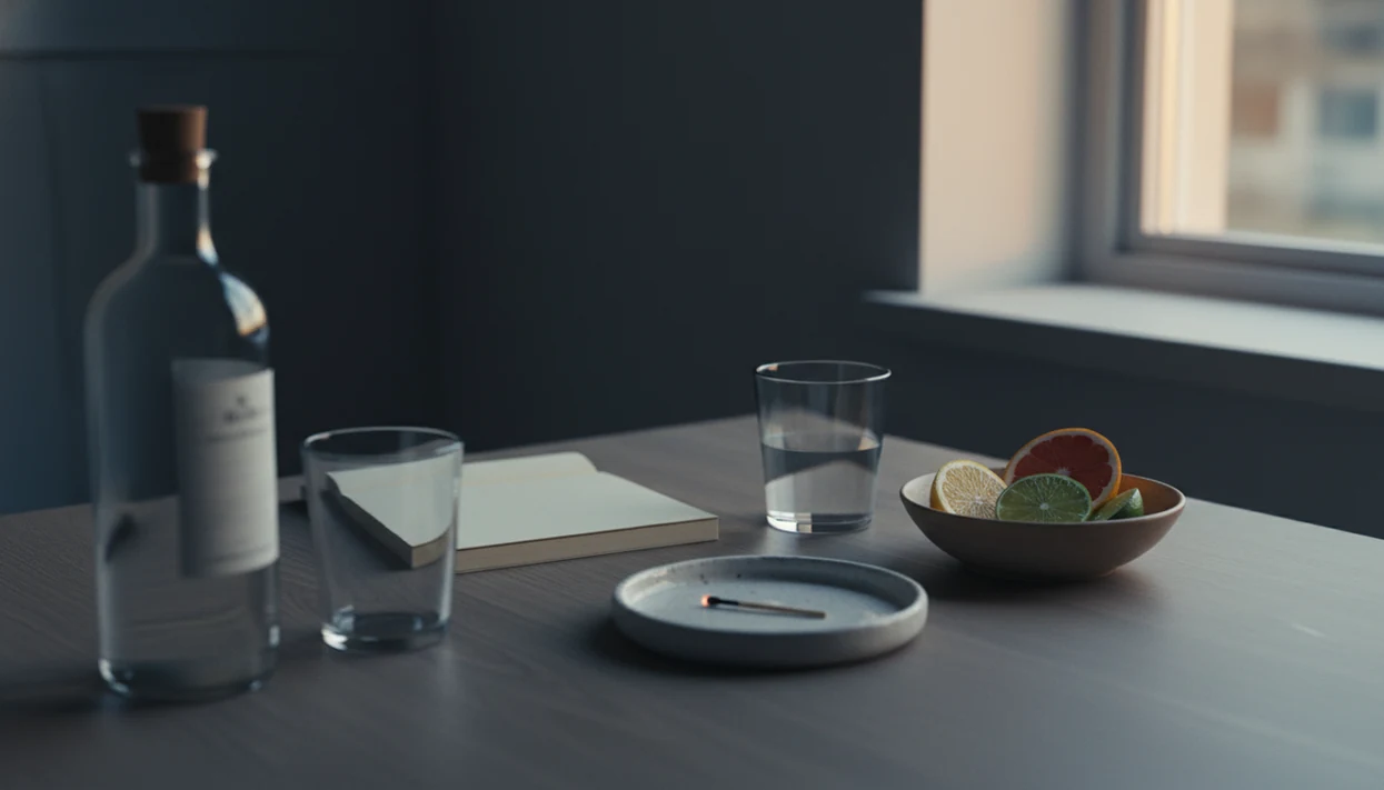 An empty glass and fading match sit beside simple routine tools on a quiet kitchen counter.