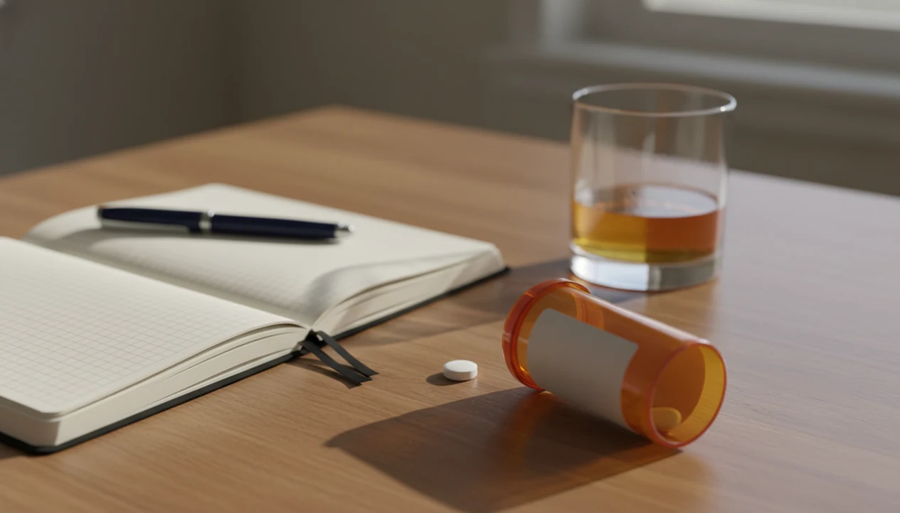 A prescription bottle, tablet, drink glass, and tracking notebook sit on a quiet wooden table.