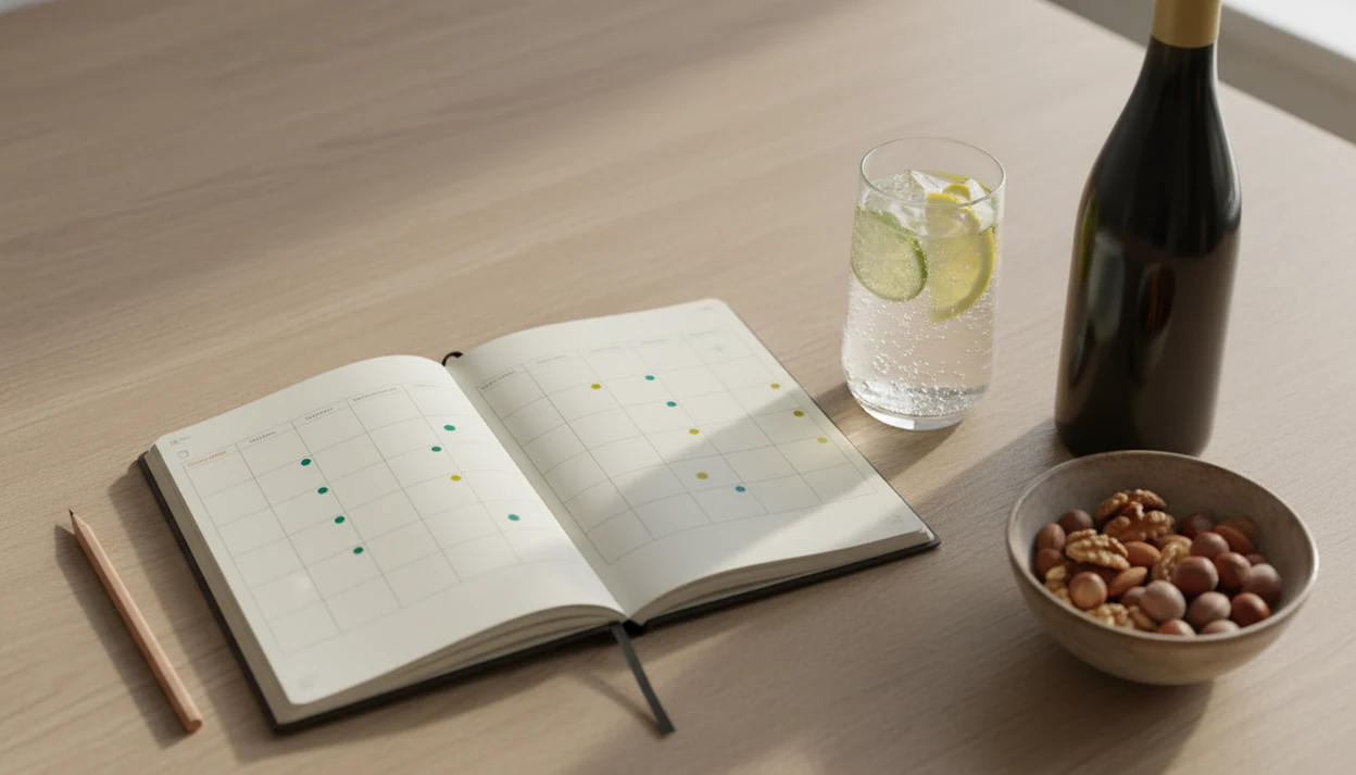 A blank weekly planner, pencil, sparkling water, and a wine bottle suggest a realistic New Year drinking plan.