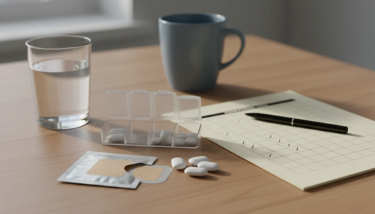 A neat table setup shows nicotine patches, gum, a pen, and a blank symptom log for tracking NRT effects.
