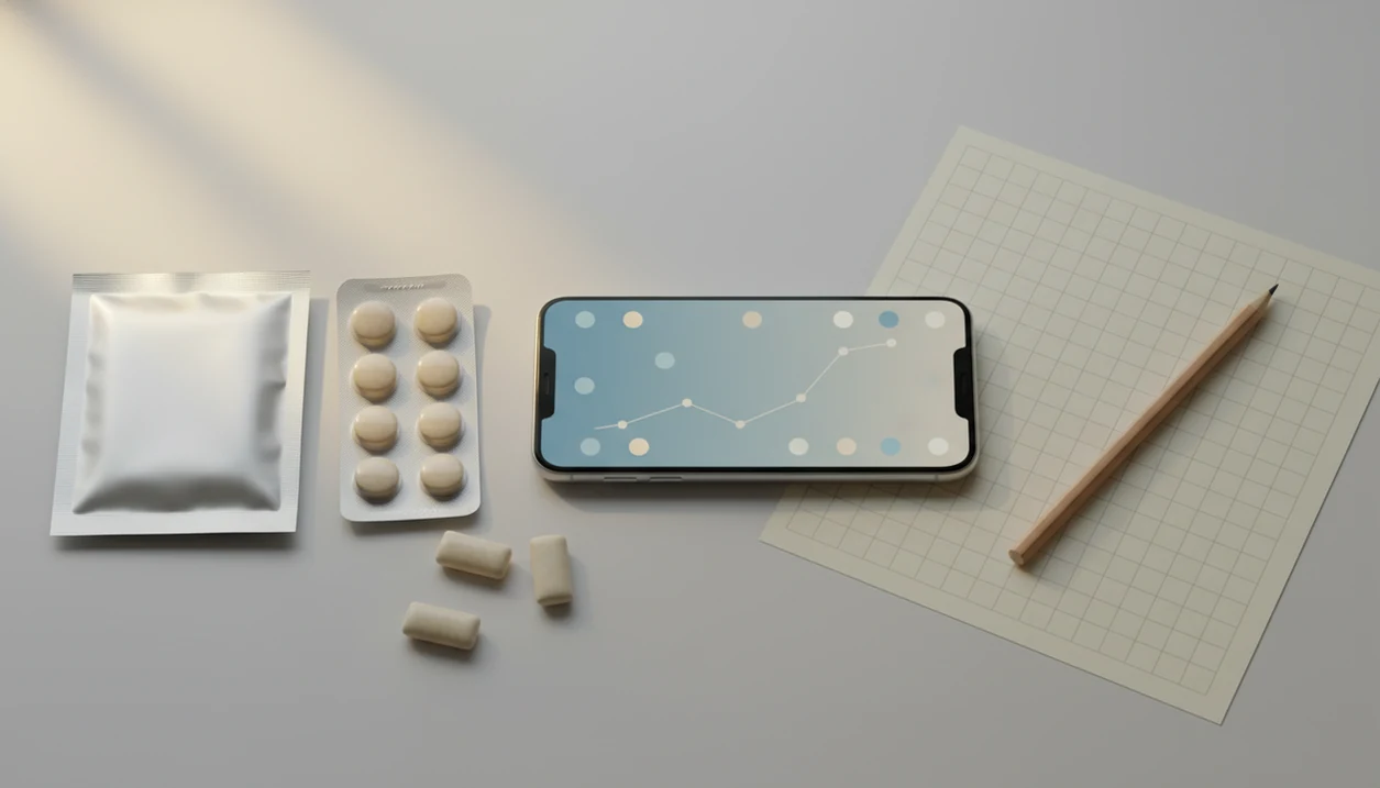 A phone and generic NRT items arranged on a desk for tracking cravings and quit progress.