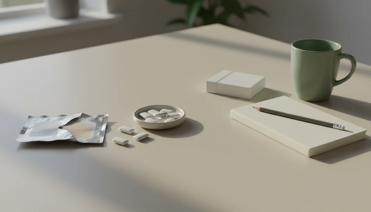A tabletop compares nicotine replacement items with a quit journal and closed cigarette pack.