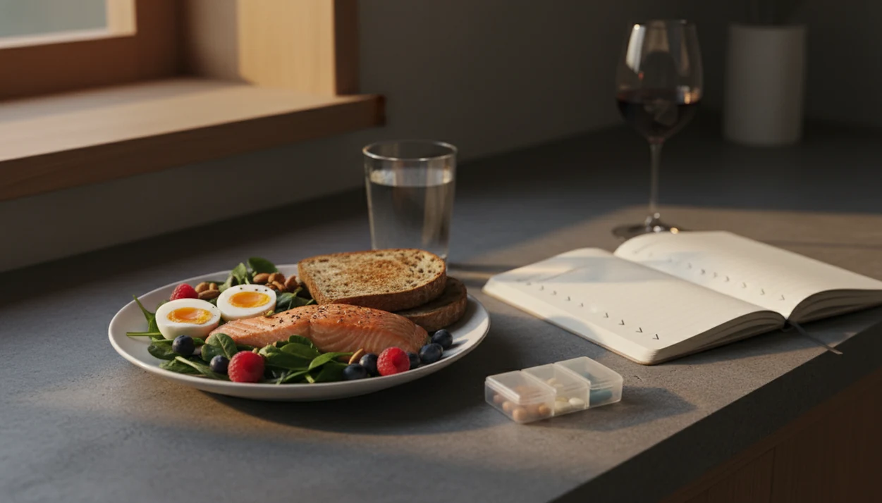 A balanced meal and water sit in focus while a wine glass fades softly in the background.