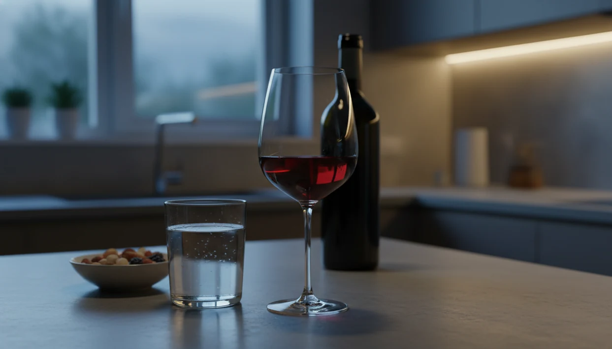 A half-filled wine glass sits beside water on a kitchen counter, suggesting a pause before another drink.