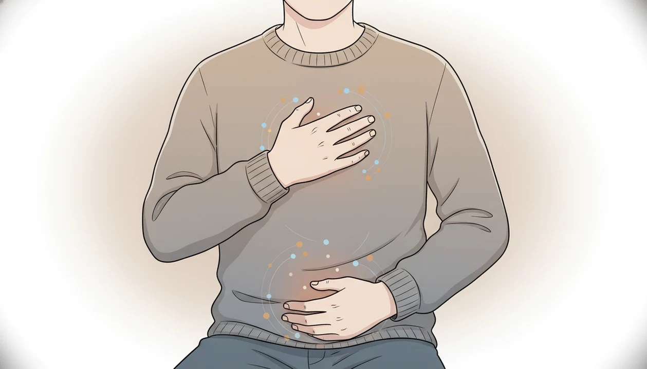 An anonymous person notices chest and stomach sensations shown as subtle internal signal lines.