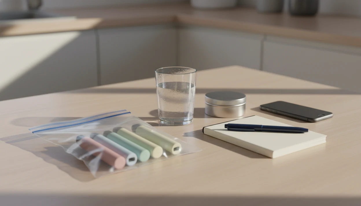Disposable vapes set aside beside water, gum, a notebook, and a face-down phone on a kitchen table.