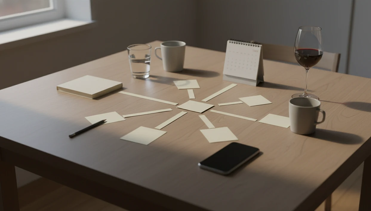 Blank decision cards branch across a table beside recovery tools and a wine glass set at a distance.