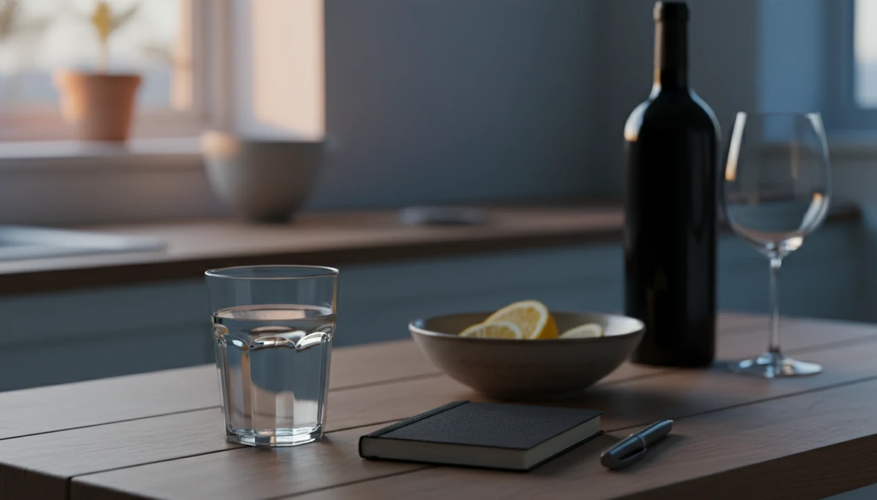 A calm kitchen counter shows water, a notebook, and a pen with alcohol blurred in the background.