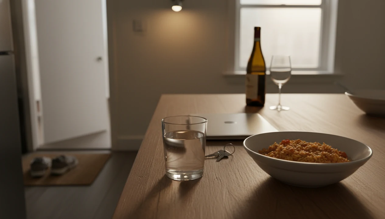 A calm kitchen counter shows water, food, keys, and a closed laptop after a stressful workday.