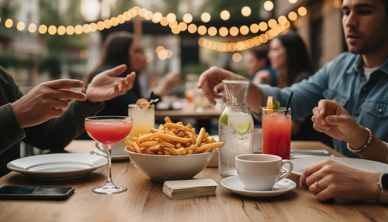 Friends gather around a restaurant table with mocktails, sparkling water, and shared food.