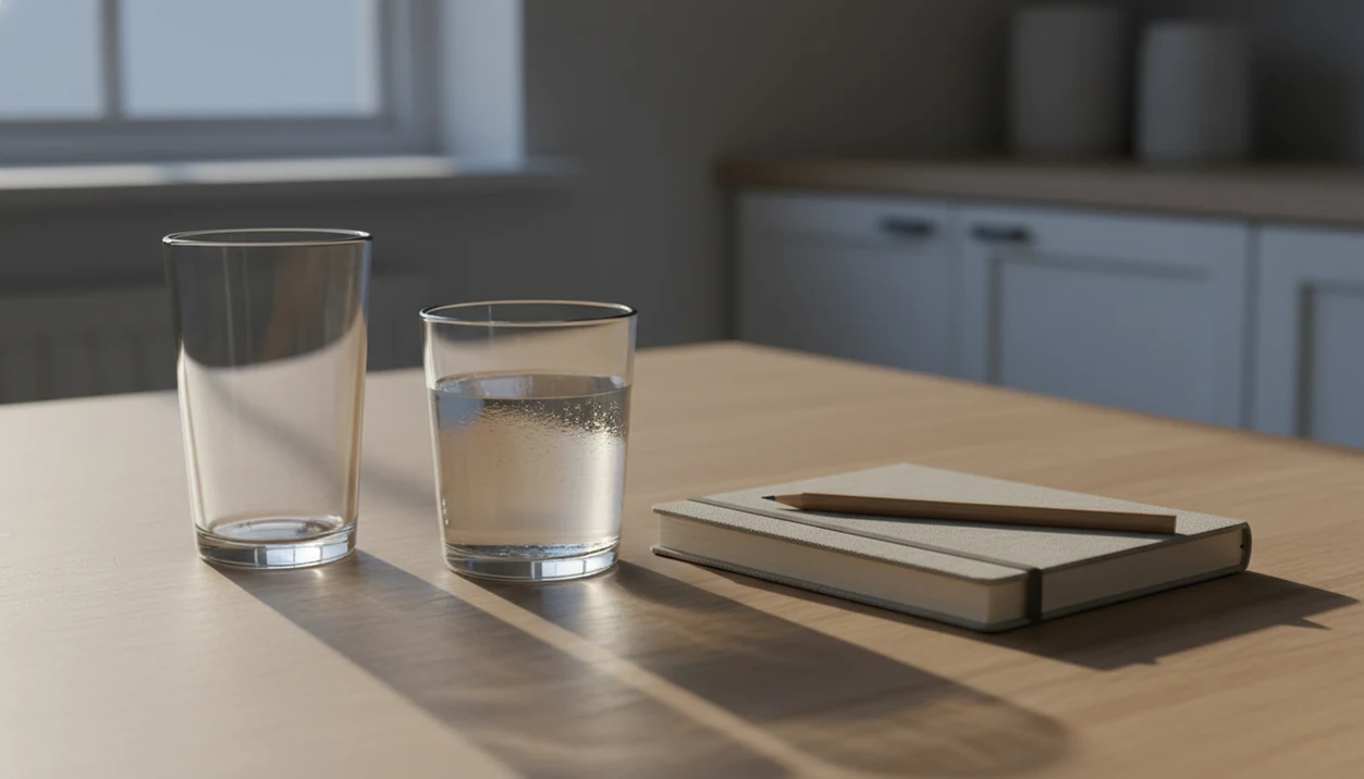 An empty glass, water, and notebook sit on a quiet kitchen table in soft morning light.