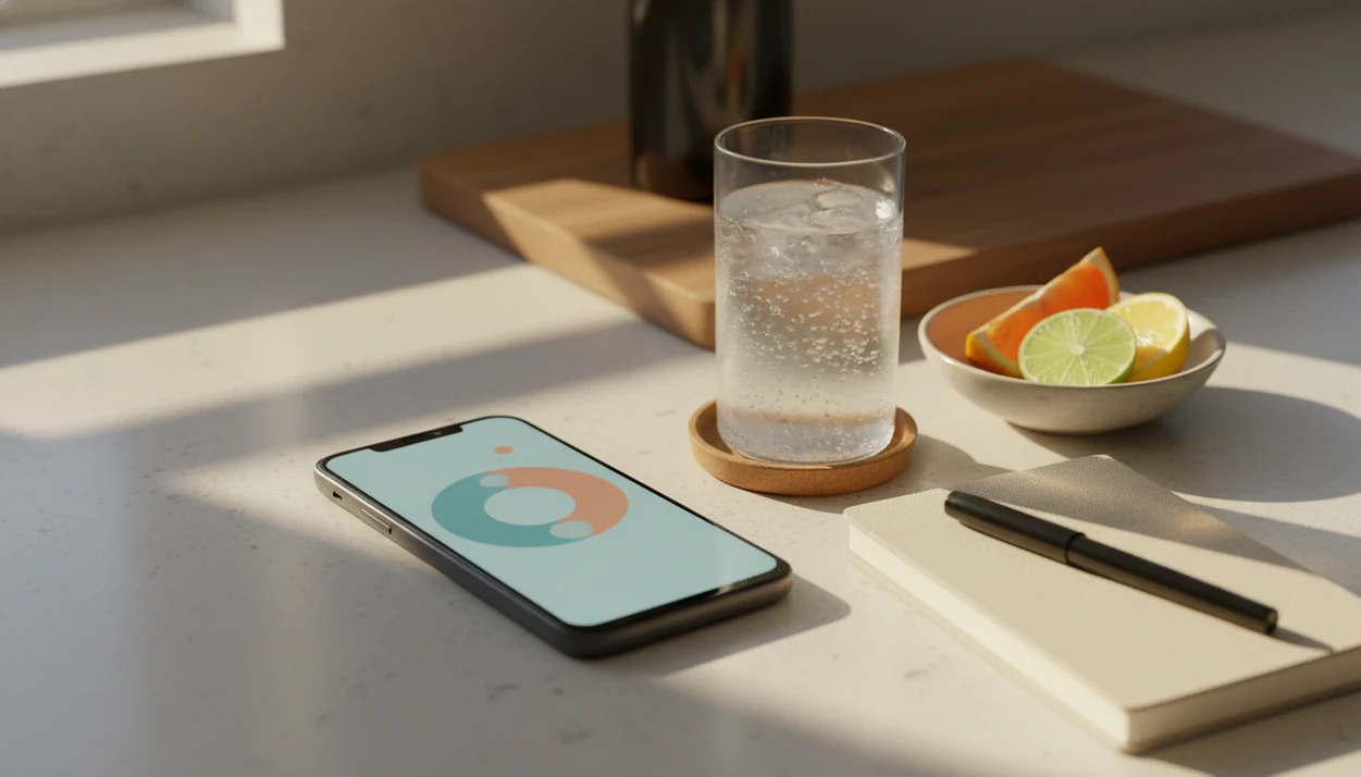 An Android phone beside sparkling water and a notebook suggests private support for changing drinking habits.