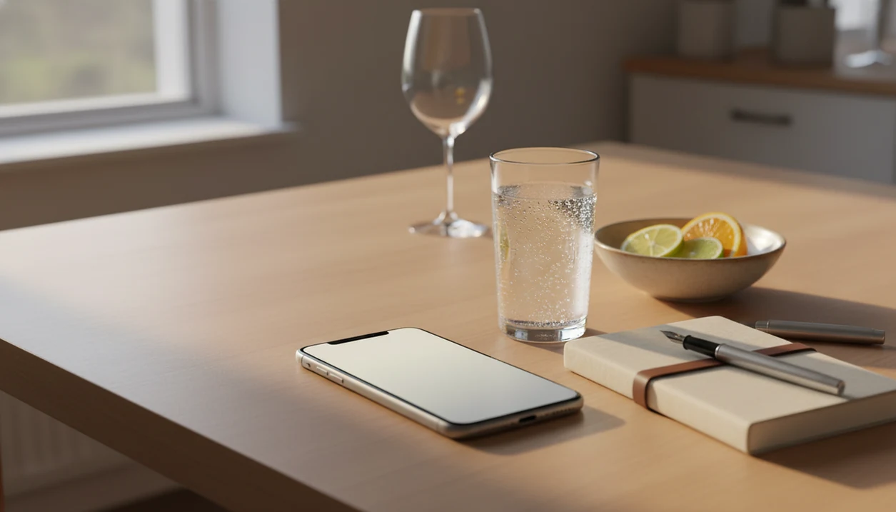 An iPhone beside sparkling water and a notebook suggests private support for cutting back on alcohol.