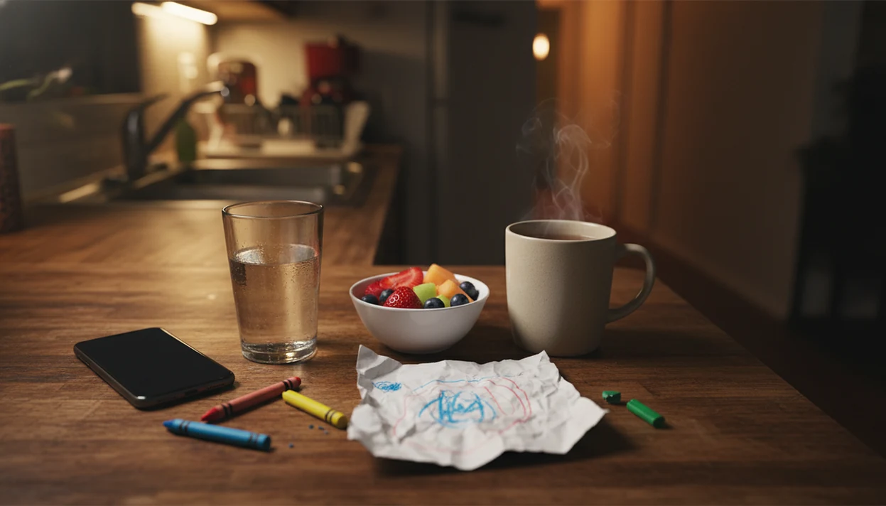 A quiet kitchen counter at night with a phone, tea, water, crayons, and a child’s drawing.