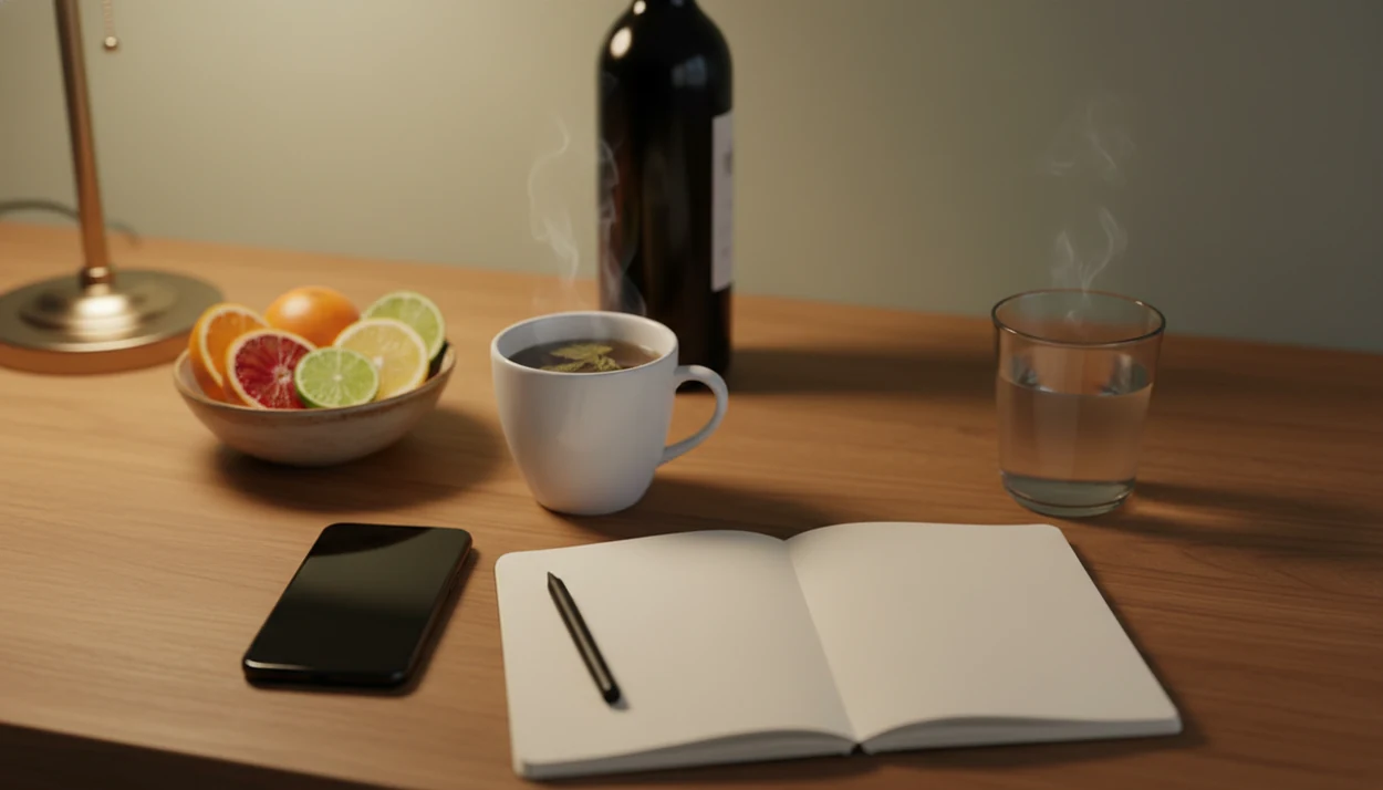 A private evening setup with a phone, notebook, tea, water, and a wine bottle blurred in the background.