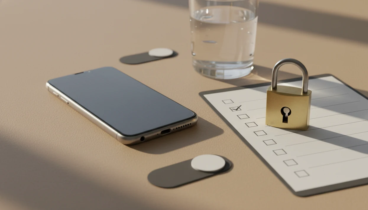 A phone, padlock, and blank checklist suggest checking privacy before using a quit drinking app.