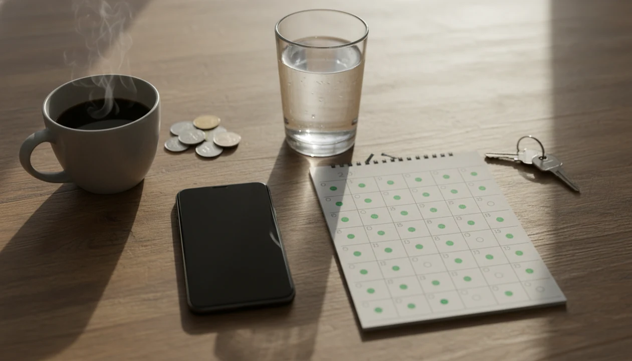 A quiet morning table shows a phone, marked calendar, water, coffee, coins, and keys.