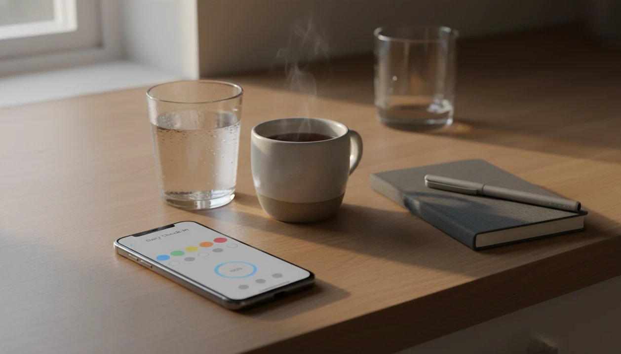 A phone with abstract check-in icons sits beside water, tea, and a notebook on a quiet kitchen counter.