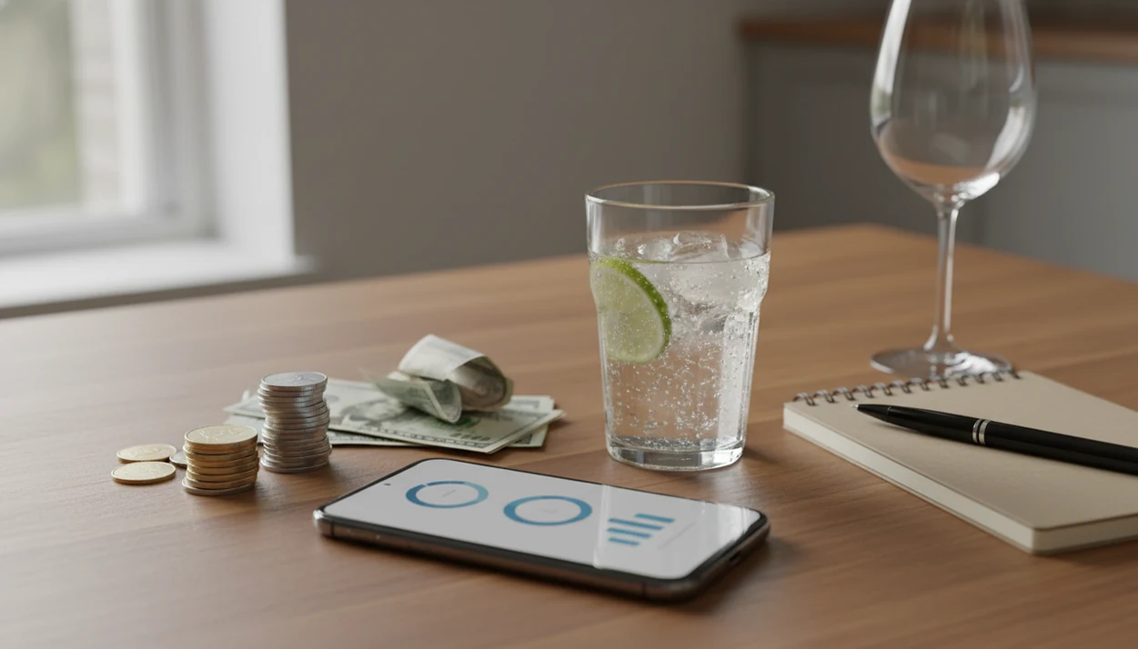 A phone with abstract progress shapes sits beside saved cash, sparkling water, and an empty wine glass.