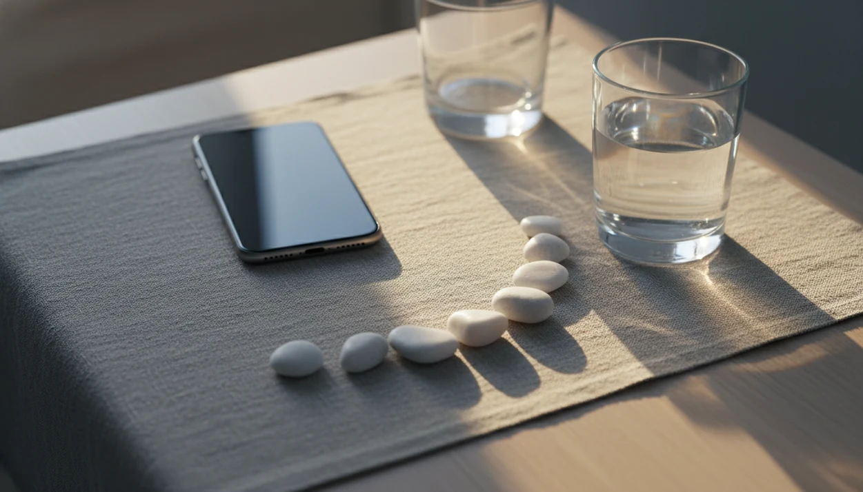 A phone, water glass, and seven white stones on a bedside table suggest private sober streak tracking.