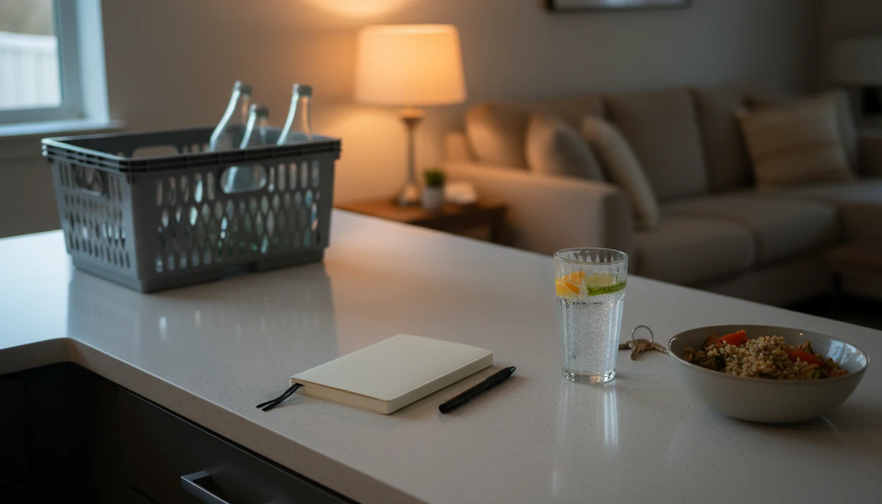 A quiet kitchen counter set up for an alcohol-free evening with sparkling water, food, and a notebook.