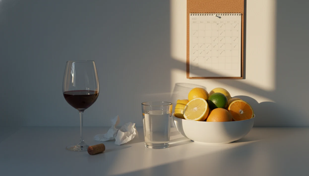 A kitchen still life contrasts a wine glass in shadow with water, citrus, and thirty check marks in morning light.
