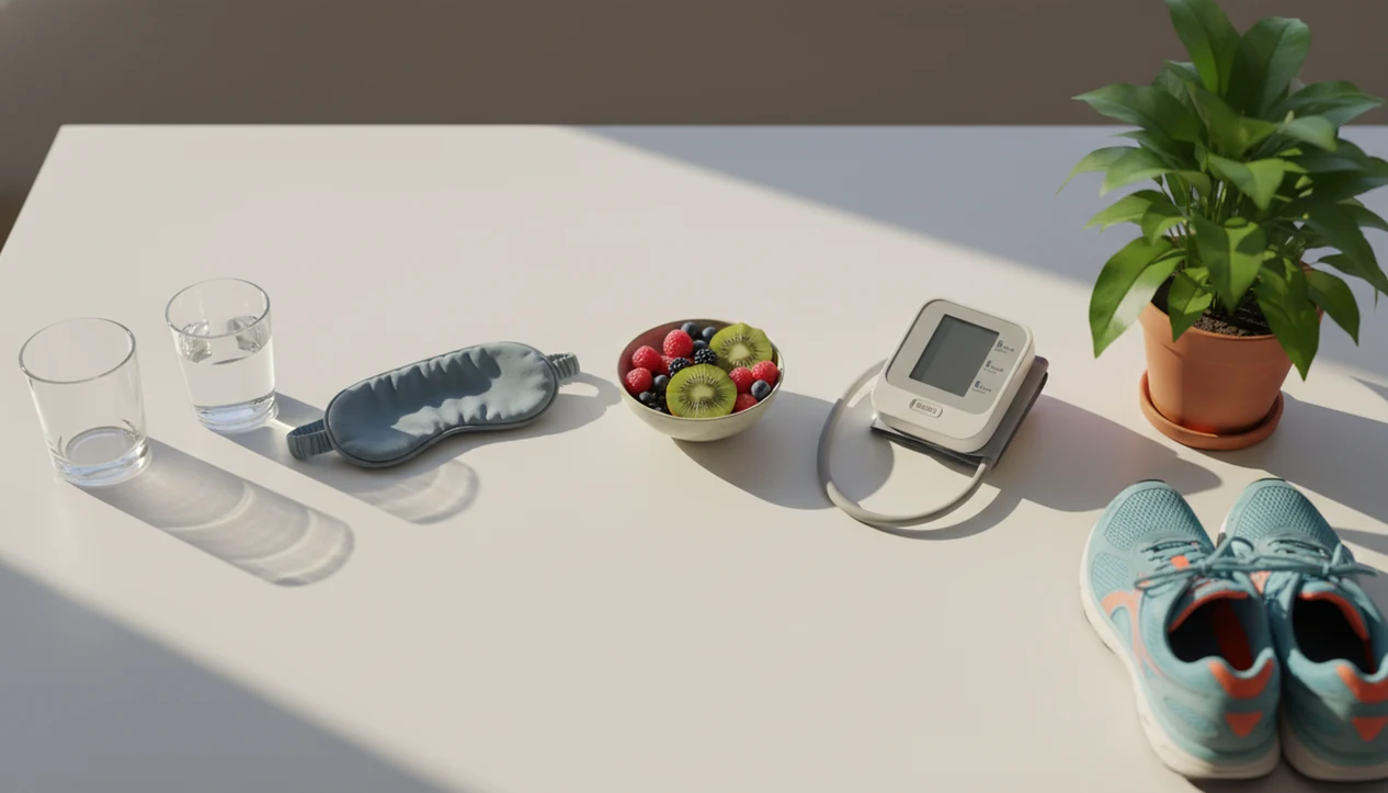 A calm tabletop timeline shows an empty glass giving way to water, sleep, healthy routines, and new growth.