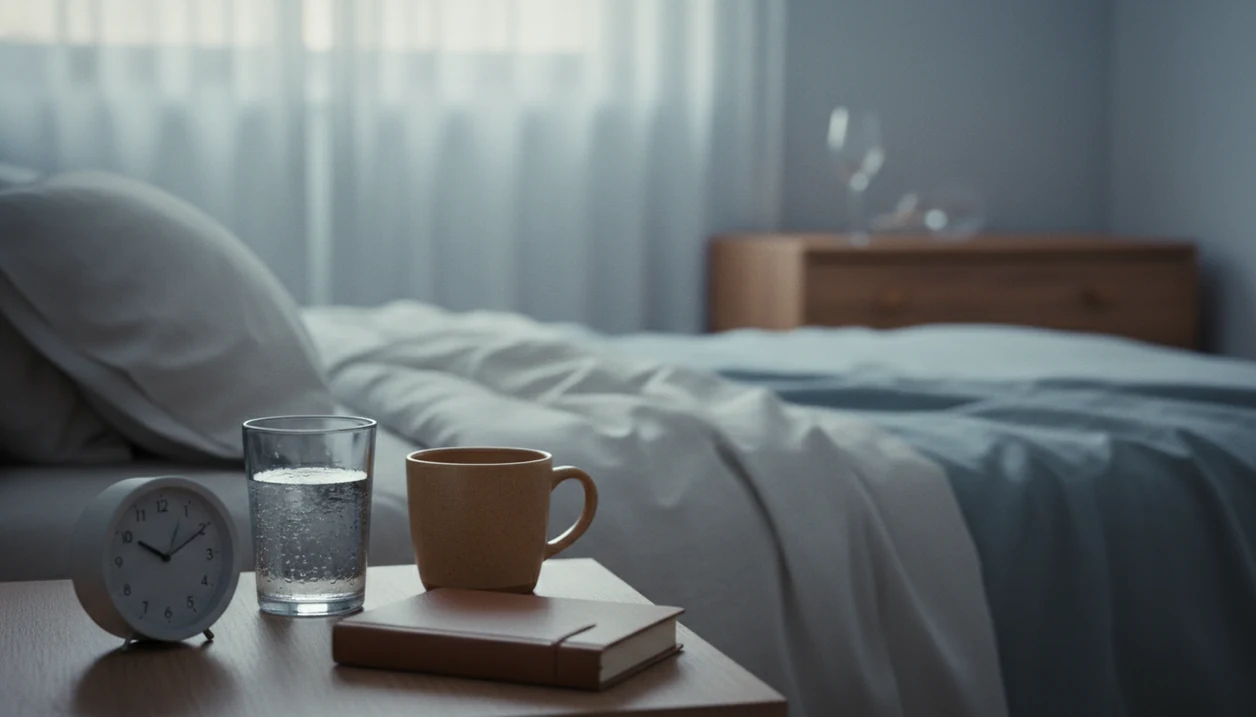 A calm bedroom nightstand with water, tea, and a clock, with a blurred wine glass in the background.