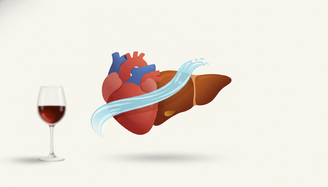 A clean illustration shows a heart and liver protected by flowing water, with wine fading in the background.