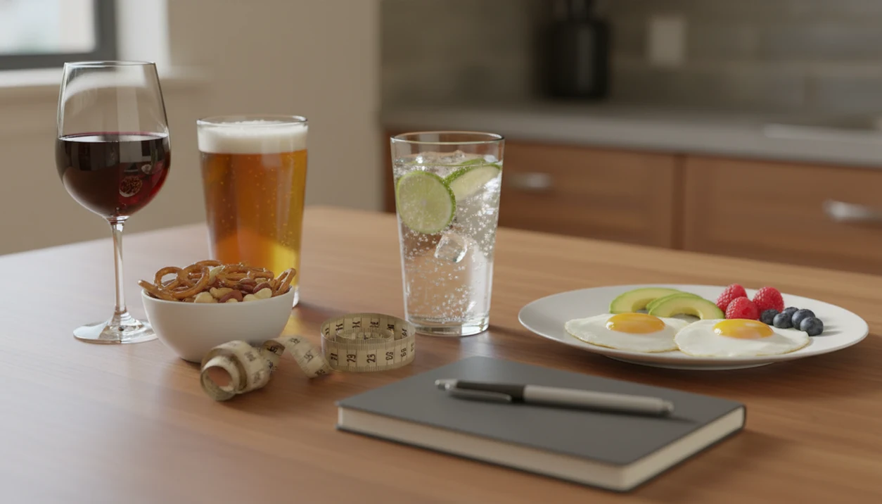 A kitchen still life contrasts alcoholic drinks with sparkling water, nourishing food, and a measuring tape.
