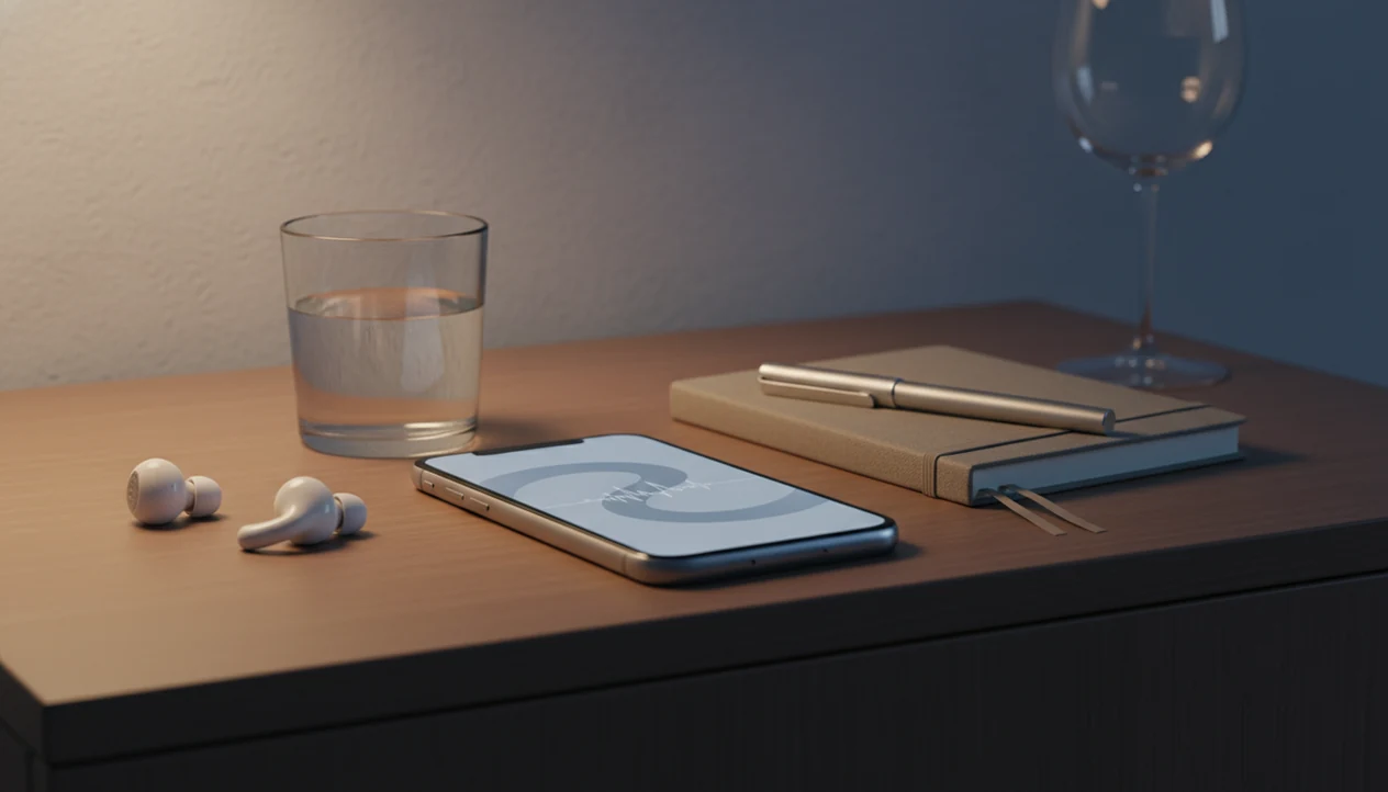 A phone with earbuds, water, and a notebook sits near a blurred wine glass in a quiet evening setting.