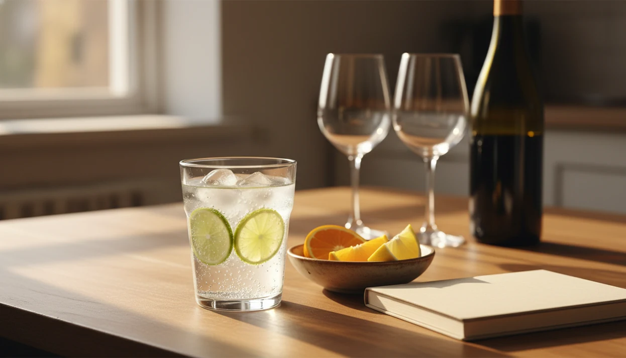 A sparkling water with lime sits in focus while wine glasses rest blurred in the background.