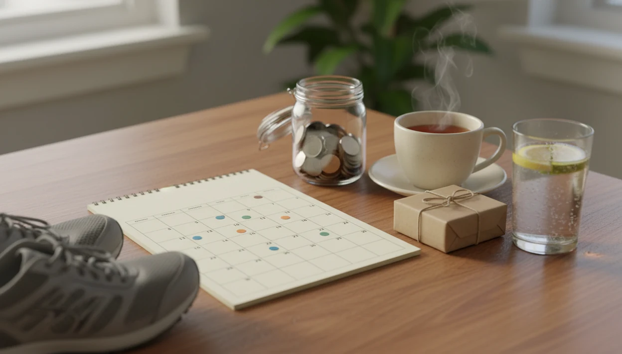 A calm tabletop scene shows planned alcohol-free milestone rewards with a calendar, savings jar, and small gift.