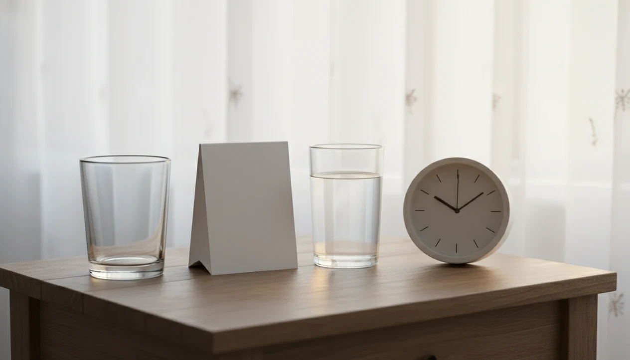 An empty glass, water, calendar pad, and clock sit in soft morning light to suggest recovery over time.