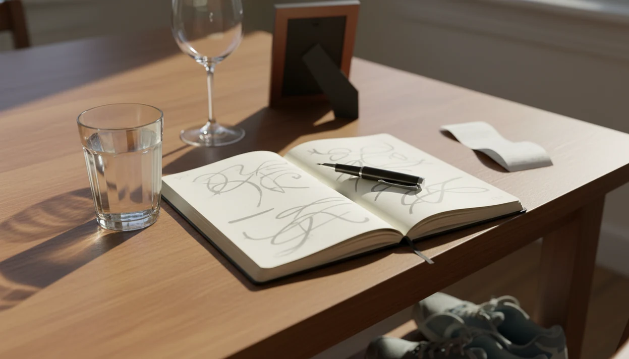 A journal, water glass, and empty wine glass on a table suggest choosing personal values over drinking.