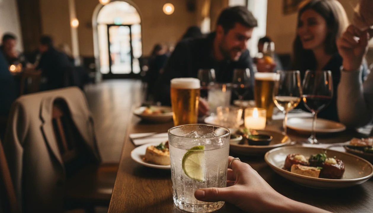 A sparkling water with lime sits among blurred beer and wine glasses at a busy social table.