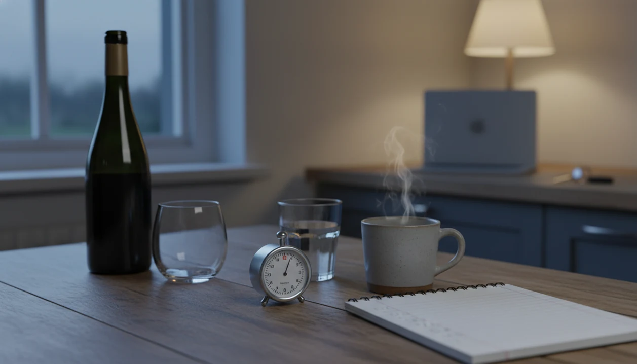 A calm kitchen table shows alcohol set aside beside tea, water, a timer, and a planning notebook.